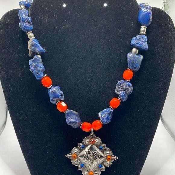 Blue Sodalite Orange Glass Beaded Necklace Silvertone Metal Rhinestone Medalion - Picture 3 of 9